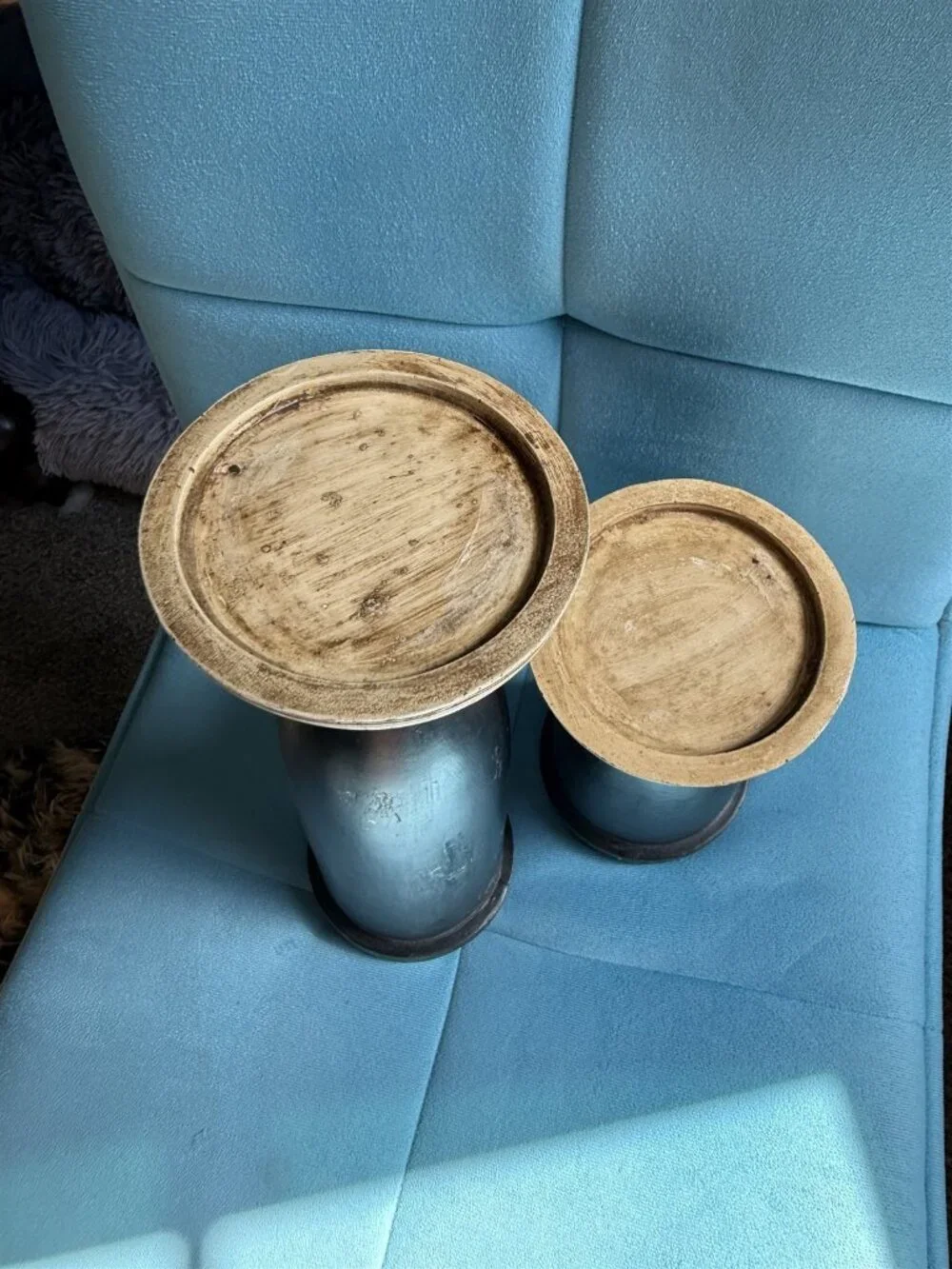 Wood Candleholder Pair Black With Faux Rattan Top Asian Jungle Tropical